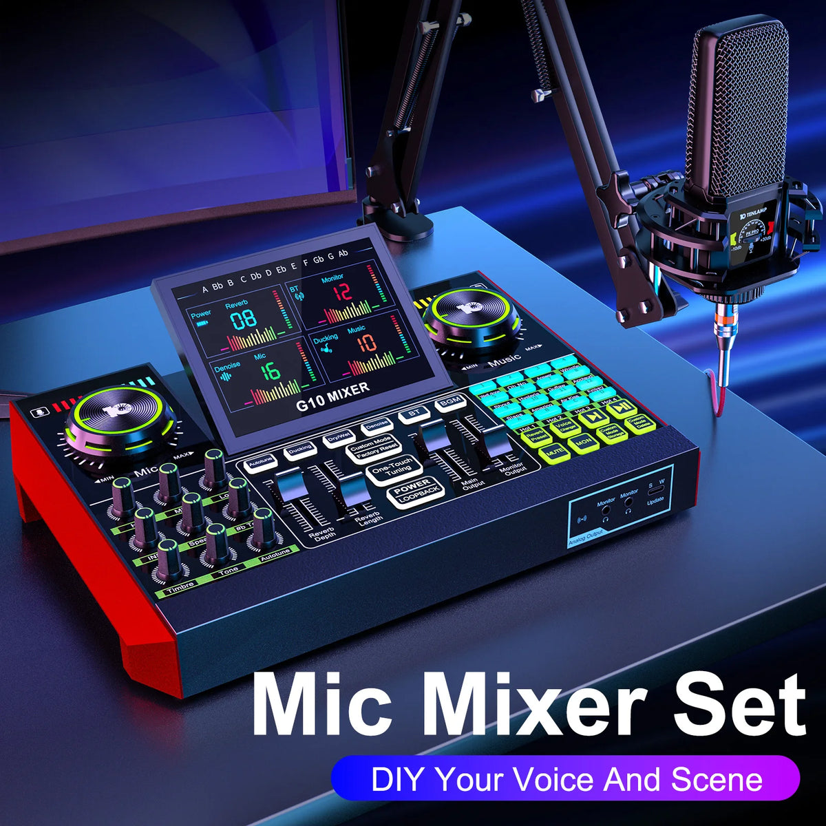 TENLAMP G10 Audio Interface Mixer Soundboard with Boom Arm & 3.5mm Mic, Voice Changer Podcast Equipment Bundle, Professional Live Sound Card for KOL Singing Gaming DJ Studio Recording Music Mixer
