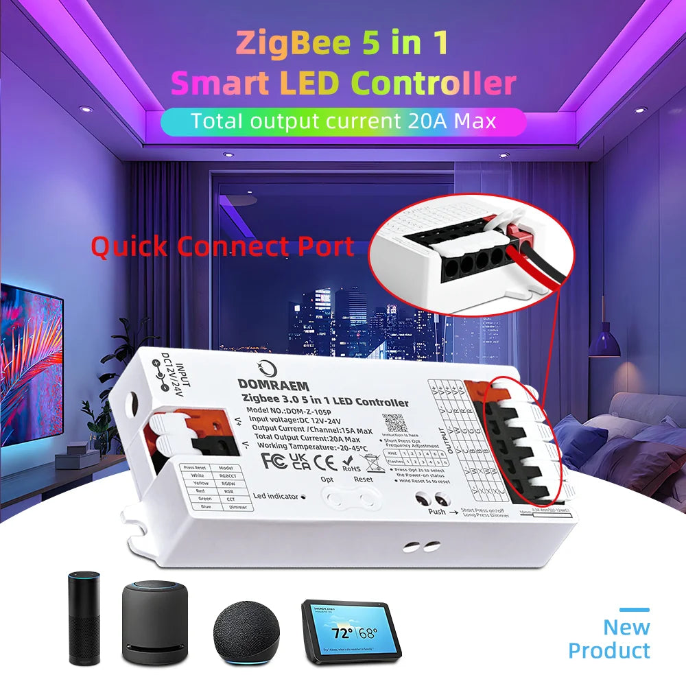 DOMRAEM Zigbee 3.0 5 in 1 LED Strip Controller DIMMER CCT RGB RGBW RGBCCT PWM Compatible with HU*E SmartThings APP Voice 20A Max