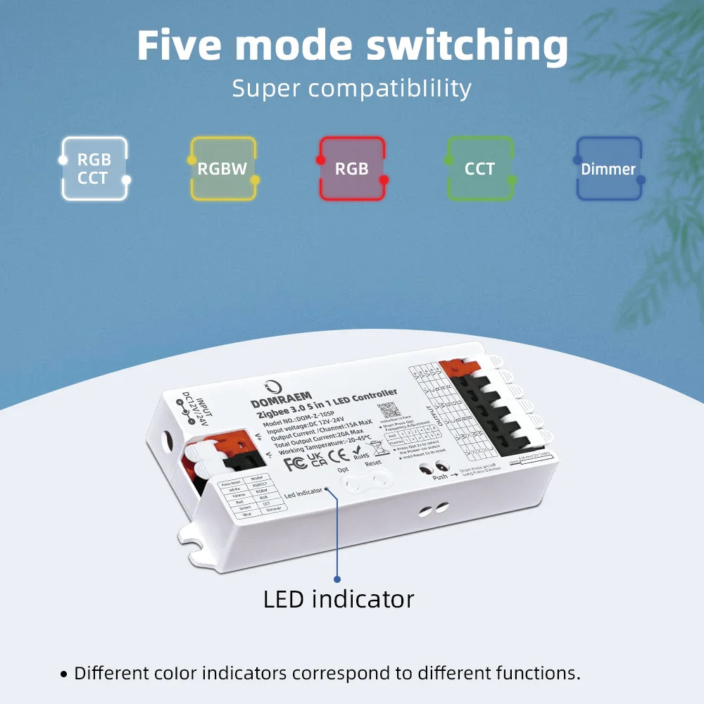 DOMRAEM Zigbee 3.0 5 in 1 LED Strip Controller DIMMER CCT RGB RGBW RGBCCT PWM Compatible with HU*E SmartThings APP Voice 20A Max