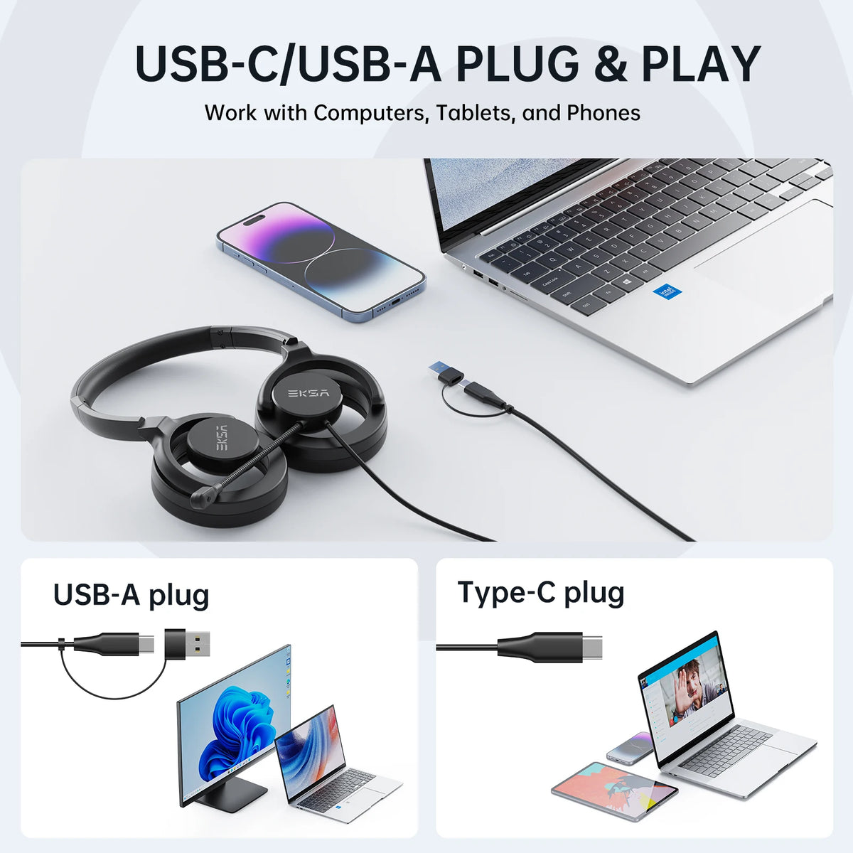 EKSA H27 Open Ear Office Headset USB-A/Type C Wired Headphones with ENC Call Noise Cancelling Microphone for PC/Phone