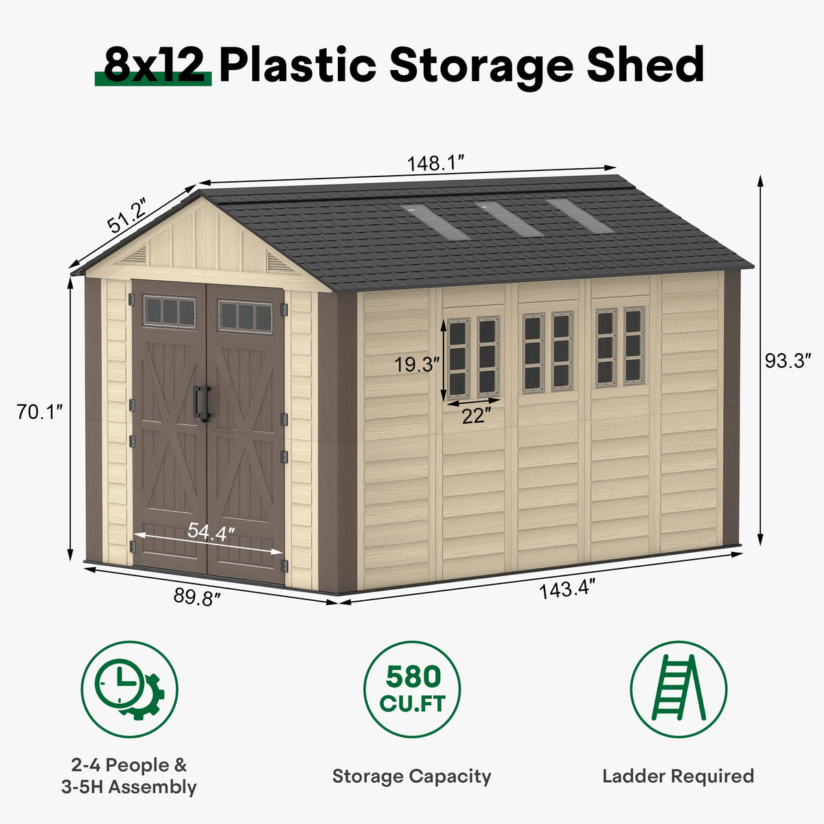 8x6/8/10/12 FT Outdoor Storage Shed, Large Plastic Tool Shed with Floor, Lockable Double Doors & Skylights, Garden Storage House for Lawn Mower, Bikes & Yard Equipment