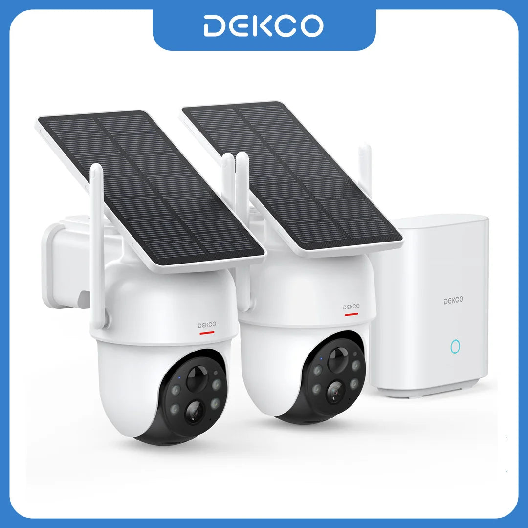 Dekco 3MP Solar Camera System 2 Cam Kit Wireless Cam System Surveillance Wifi PTZ Camera Set with Home Hub Support Alex