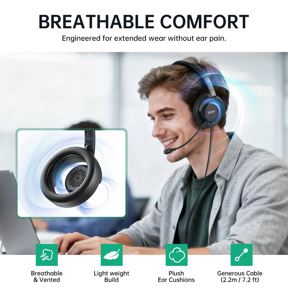 EKSA H27 Open Ear Office Headset USB-A/Type C Wired Headphones with ENC Call Noise Cancelling Microphone for PC/Phone