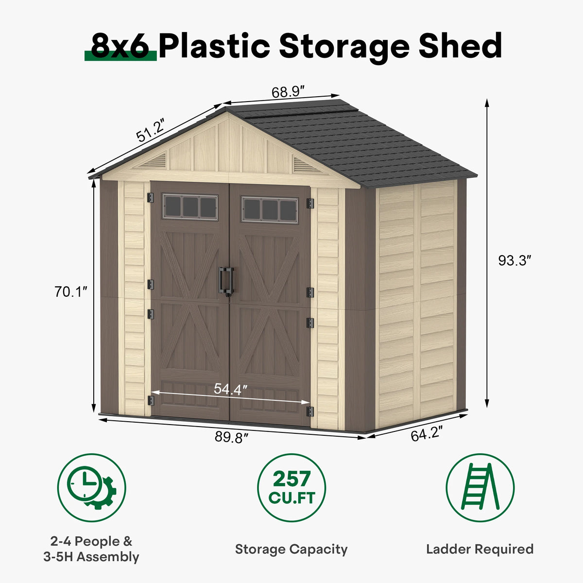 8x6/8/10/12 FT Outdoor Storage Shed, Large Plastic Tool Shed with Floor, Lockable Double Doors & Skylights, Garden Storage House for Lawn Mower, Bikes & Yard Equipment