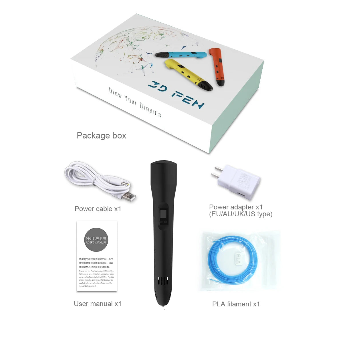 QCREATE 3D Printing Pen Compatible With 1.75mm PLA PCL Filament LCD Display 8 Speeds Temperature Regulation 3D Drawing Pen