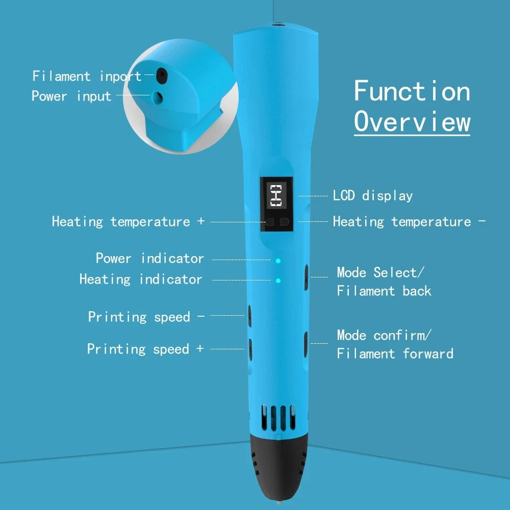 QCREATE 3D Printing Pen Compatible With 1.75mm PLA PCL Filament LCD Display 8 Speeds Temperature Regulation 3D Drawing Pen