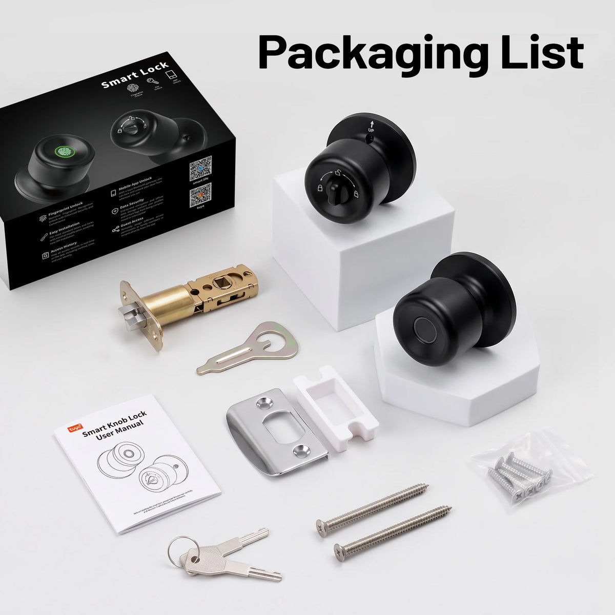 YFK Smart Door Lock Knob Fingerprint Unlock Keyless Entry Tuya App Control Matte Black Front Door Bedroom Home Security