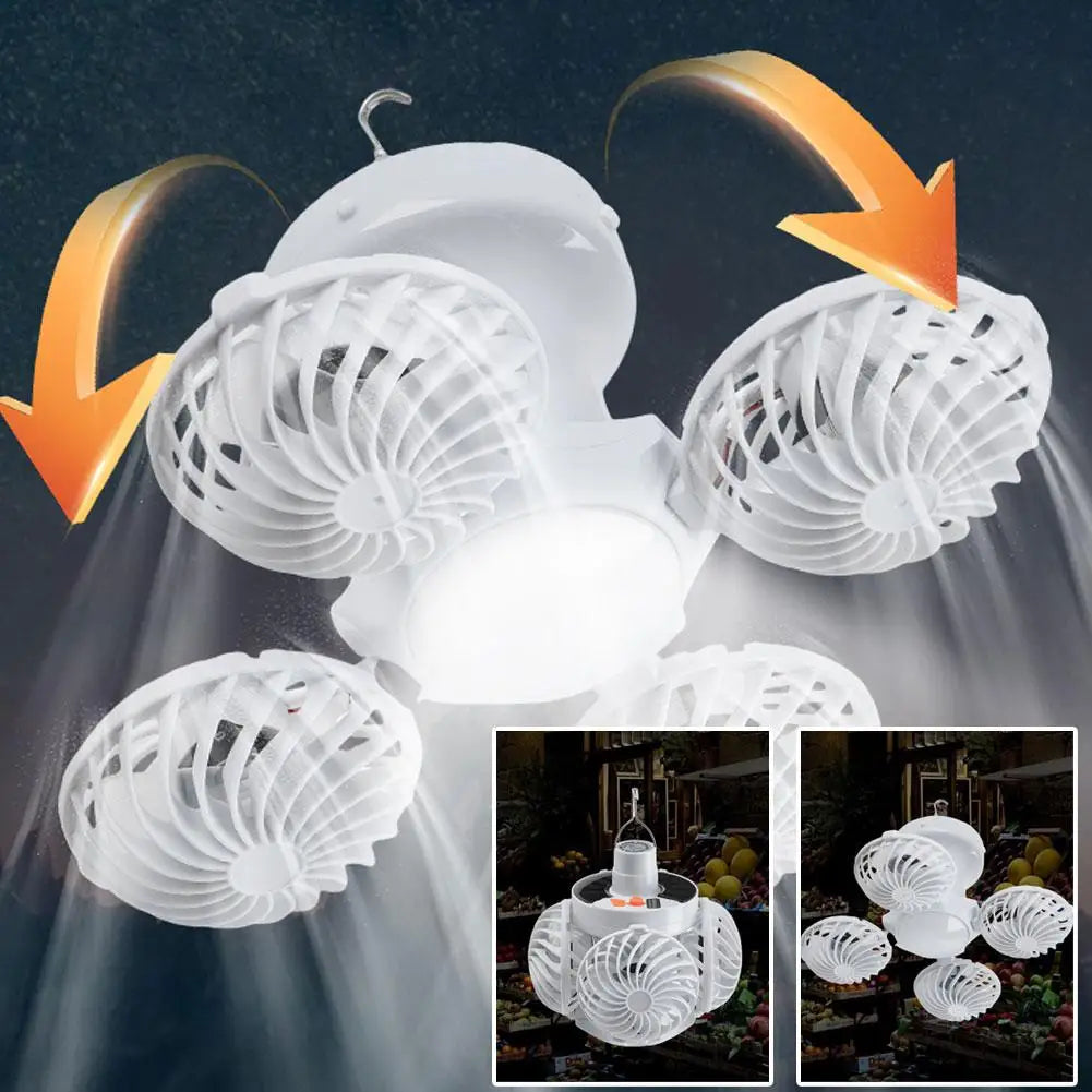 Portable Foldable Ceiling Fan Light LED Solar Bulb Lamp With 4 Mini Fan For Outdoor Camping Cooling Fan Night Light