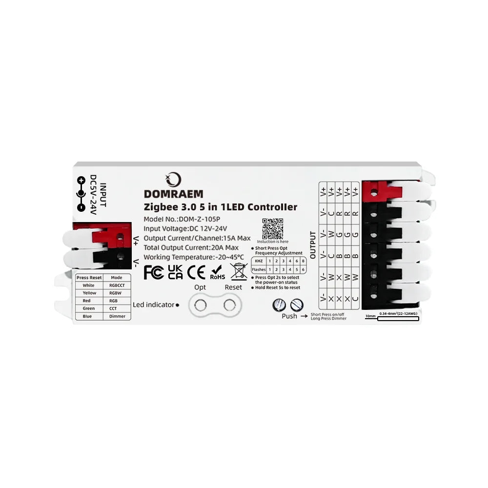 DOMRAEM Zigbee 3.0 5 in 1 LED Strip Controller DIMMER CCT RGB RGBW RGBCCT PWM Compatible with HU*E SmartThings APP Voice 20A Max