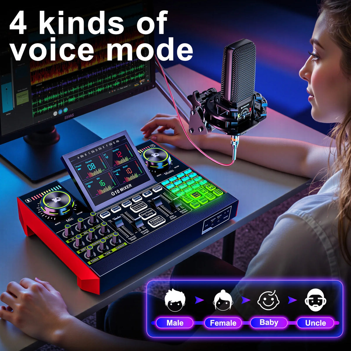 TENLAMP G10 Audio Interface Mixer Soundboard with Boom Arm & 3.5mm Mic, Voice Changer Podcast Equipment Bundle, Professional Live Sound Card for KOL Singing Gaming DJ Studio Recording Music Mixer