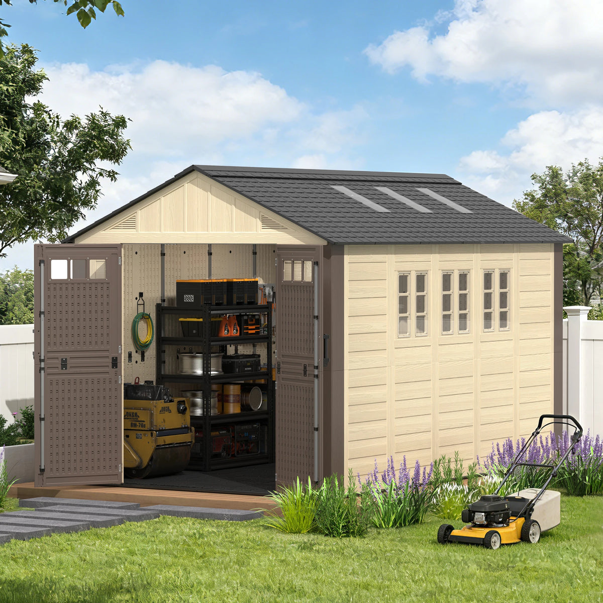 8x6/8/10/12 FT Outdoor Storage Shed, Large Plastic Tool Shed with Floor, Lockable Double Doors & Skylights, Garden Storage House for Lawn Mower, Bikes & Yard Equipment