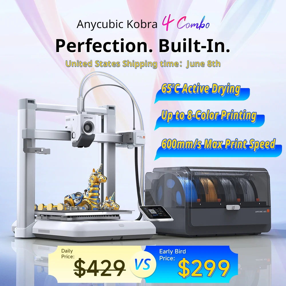 ANYCUBIC Kobra 4/Kobra 4 Combo 600mm/s Fast Printing 3D Printer Up to 8 Colors ACE 2 Pro Filament Drying APP Control 3D Printer