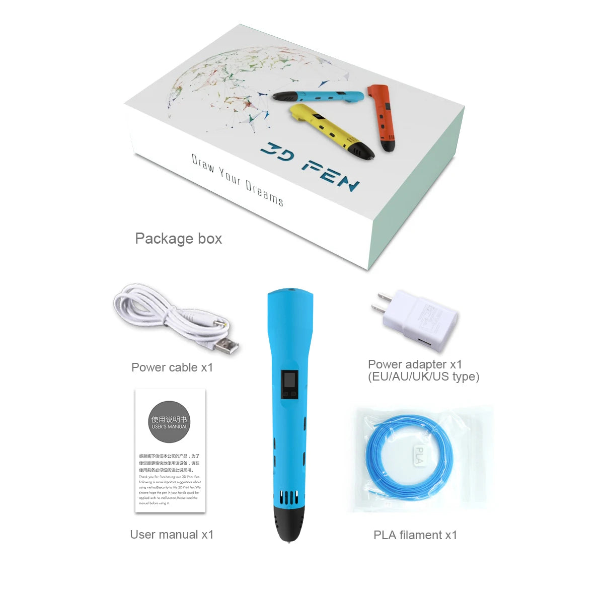 QCREATE 3D Printing Pen Compatible With 1.75mm PLA PCL Filament LCD Display 8 Speeds Temperature Regulation 3D Drawing Pen