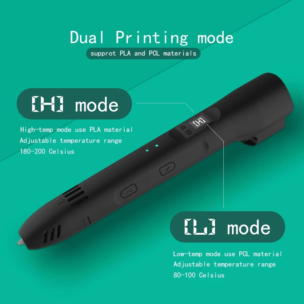 QCREATE 3D Printing Pen Compatible With 1.75mm PLA PCL Filament LCD Display 8 Speeds Temperature Regulation 3D Drawing Pen