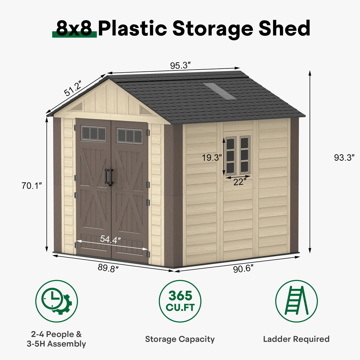 8x6/8/10/12 FT Outdoor Storage Shed, Large Plastic Tool Shed with Floor, Lockable Double Doors & Skylights, Garden Storage House for Lawn Mower, Bikes & Yard Equipment