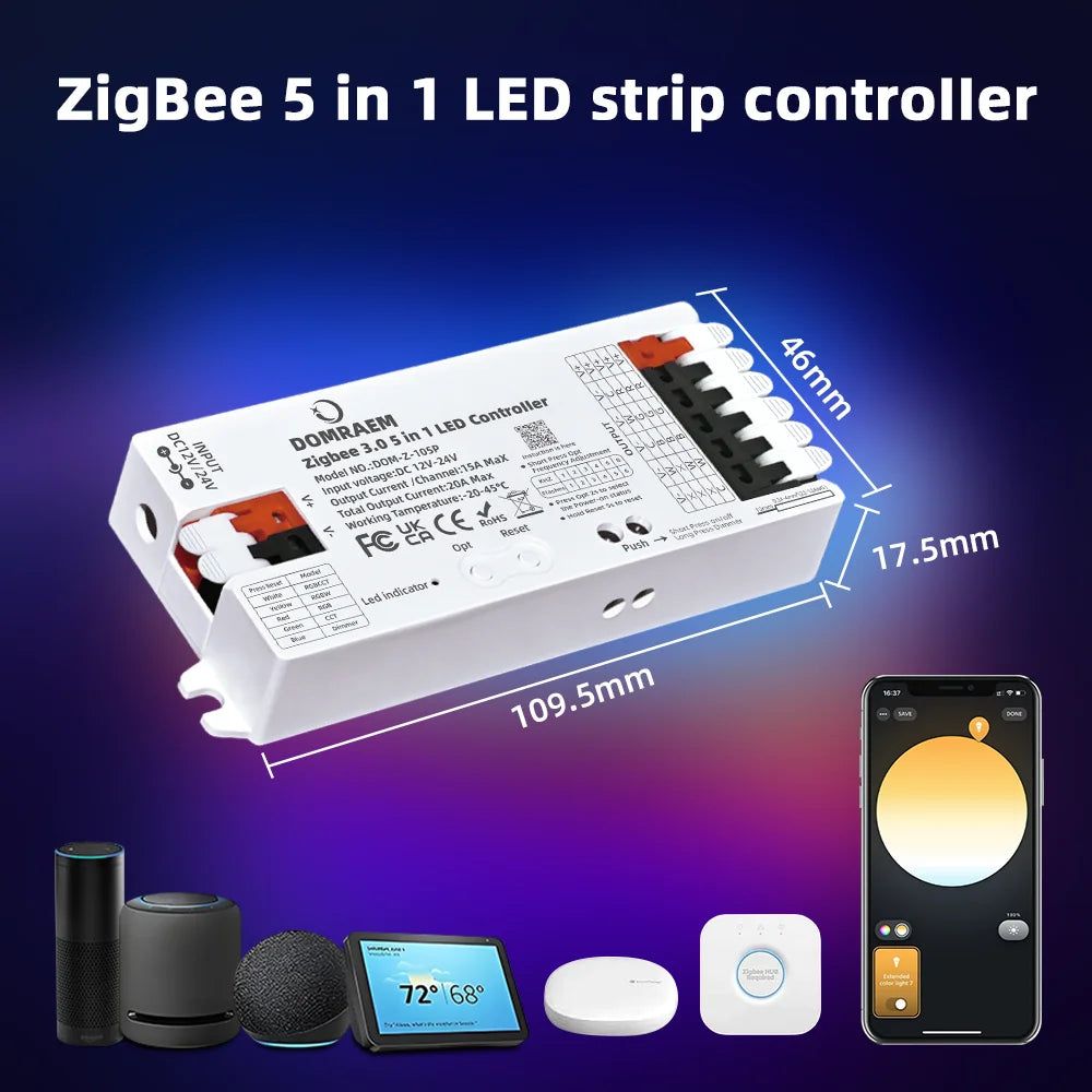 DOMRAEM Zigbee 3.0 5 in 1 LED Strip Controller DIMMER CCT RGB RGBW RGBCCT PWM Compatible with HU*E SmartThings APP Voice 20A Max