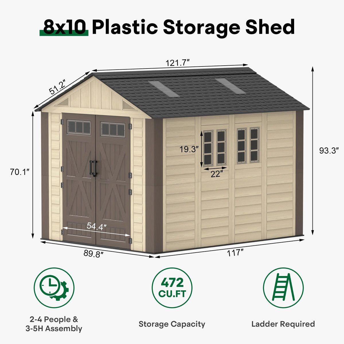 8x6/8/10/12 FT Outdoor Storage Shed, Large Plastic Tool Shed with Floor, Lockable Double Doors & Skylights, Garden Storage House for Lawn Mower, Bikes & Yard Equipment