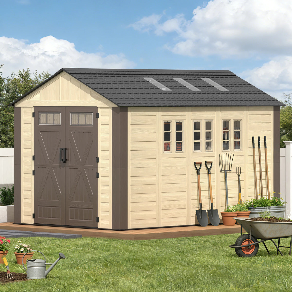 8x6/8/10/12 FT Outdoor Storage Shed, Large Plastic Tool Shed with Floor, Lockable Double Doors & Skylights, Garden Storage House for Lawn Mower, Bikes & Yard Equipment