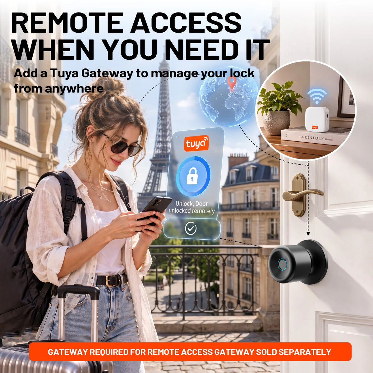 YFK Smart Door Lock Knob Fingerprint Unlock Keyless Entry Tuya App Control Matte Black Front Door Bedroom Home Security