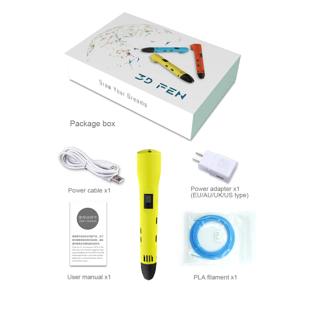 QCREATE 3D Printing Pen Compatible With 1.75mm PLA PCL Filament LCD Display 8 Speeds Temperature Regulation 3D Drawing Pen