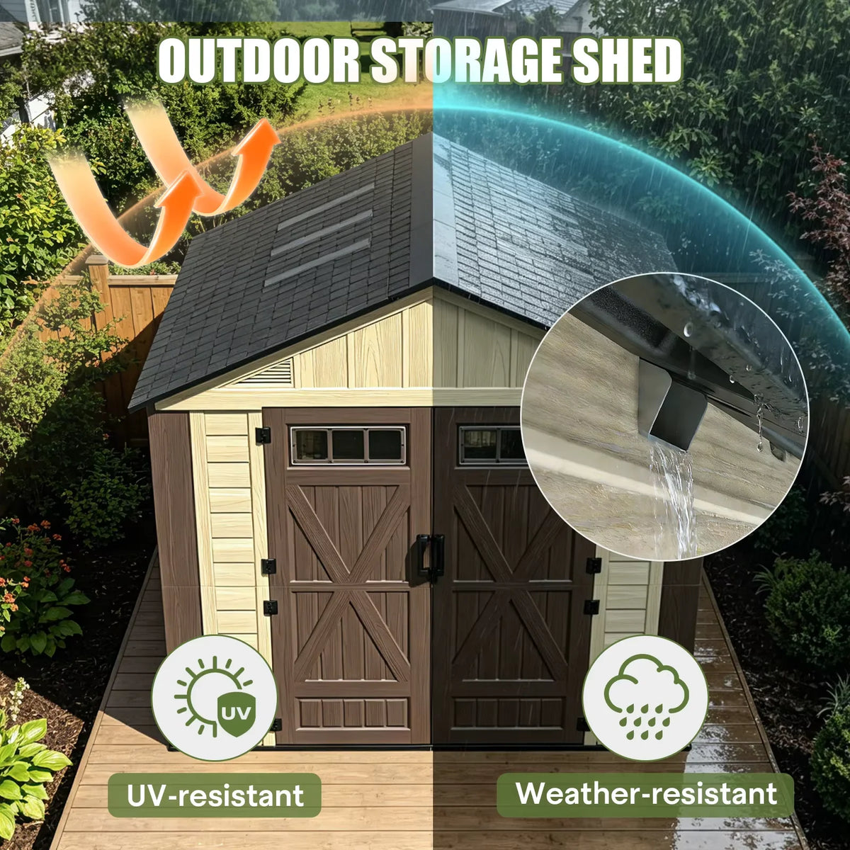 8x6/8/10/12 FT Outdoor Storage Shed, Large Plastic Tool Shed with Floor, Lockable Double Doors & Skylights, Garden Storage House for Lawn Mower, Bikes & Yard Equipment