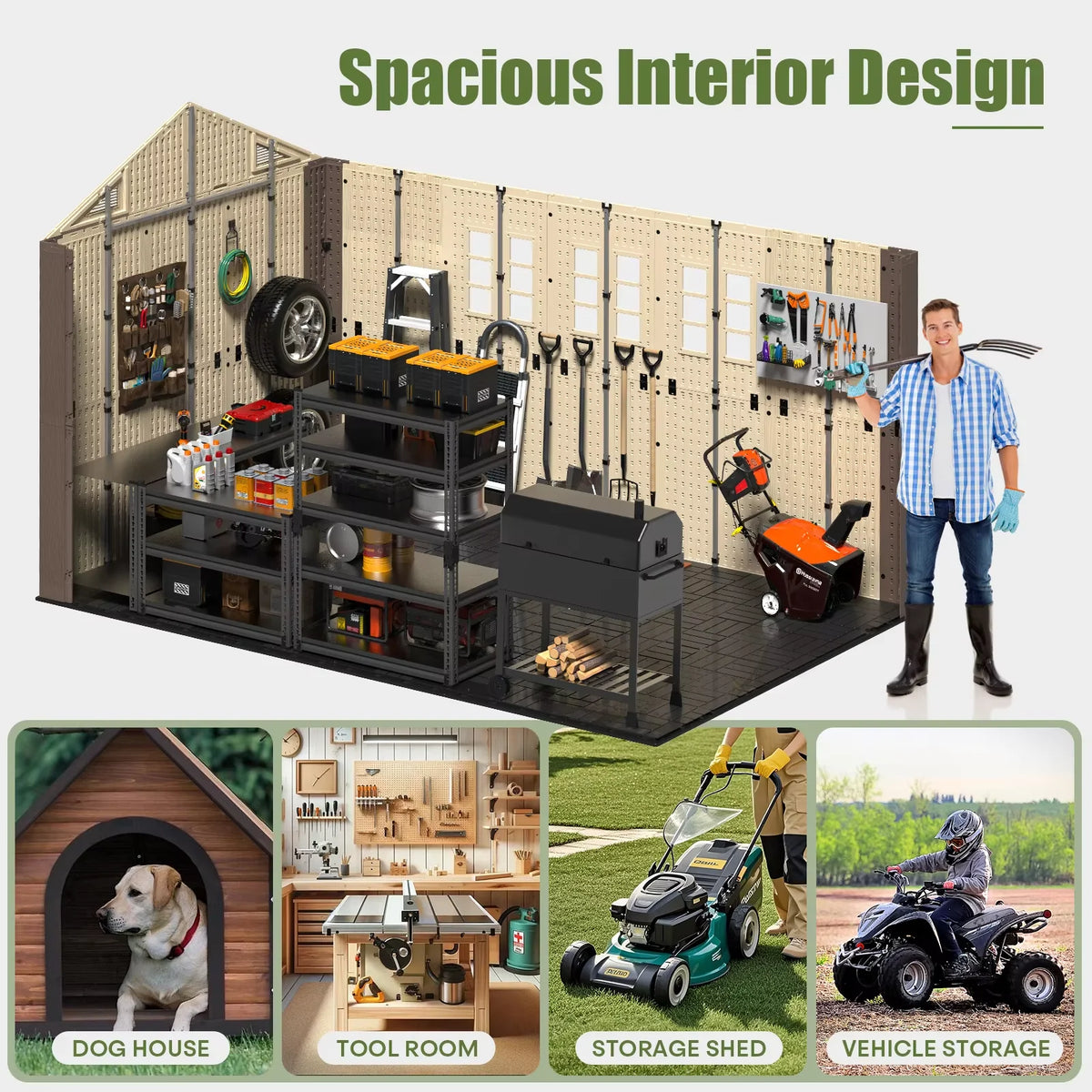 8x6/8/10/12 FT Outdoor Storage Shed, Large Plastic Tool Shed with Floor, Lockable Double Doors & Skylights, Garden Storage House for Lawn Mower, Bikes & Yard Equipment