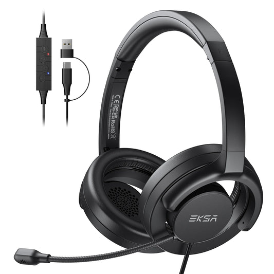 EKSA H27 Open Ear Office Headset USB-A/Type C Wired Headphones with ENC Call Noise Cancelling Microphone for PC/Phone