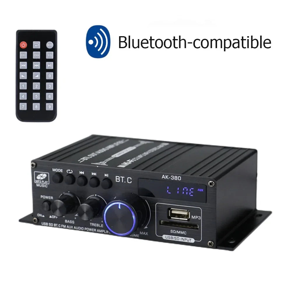 AK-380 800W Home Car Power Amplifier 2 Channel Bluetooth 5.0 Audio Digital Amplifier FM USB Remote Control HIFI Stereo Subwoofer