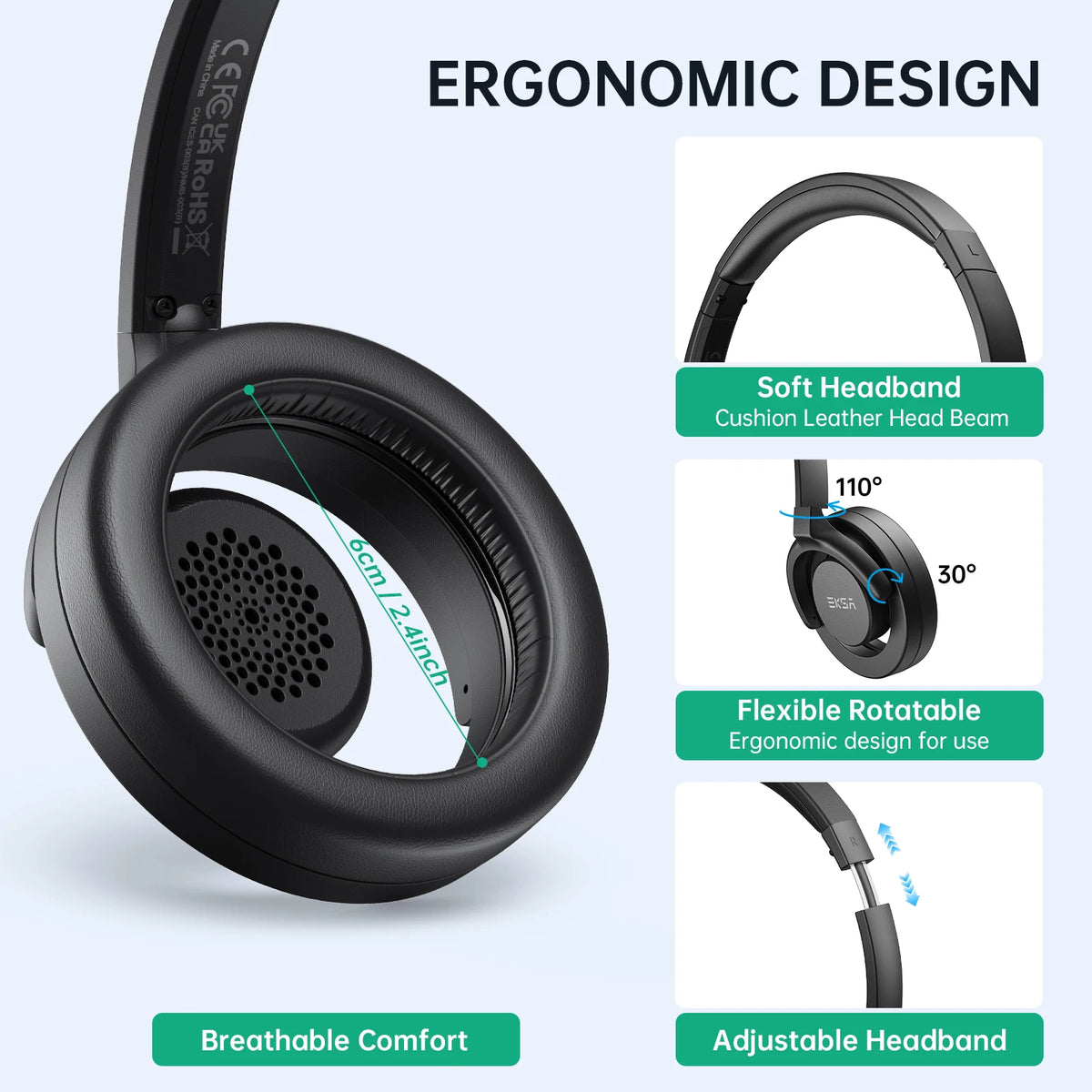 EKSA H27 Open Ear Office Headset USB-A/Type C Wired Headphones with ENC Call Noise Cancelling Microphone for PC/Phone