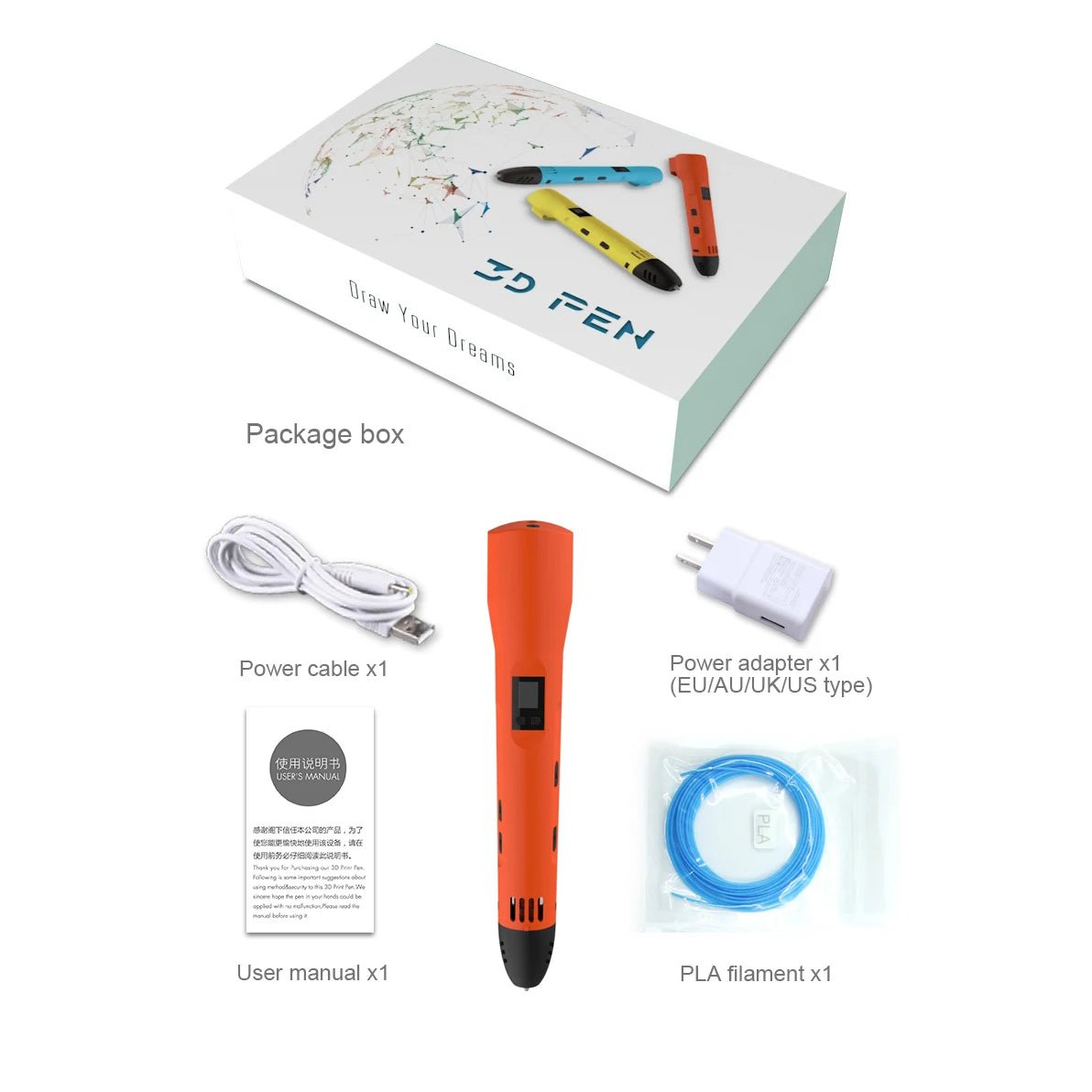 QCREATE 3D Printing Pen Compatible With 1.75mm PLA PCL Filament LCD Display 8 Speeds Temperature Regulation 3D Drawing Pen